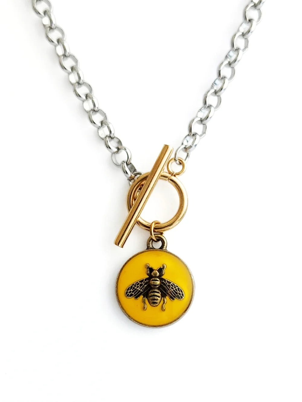 Gucci - Repurposed - Yellow Enamel Bee Pendant Necklace with Mixed Metal Toggle